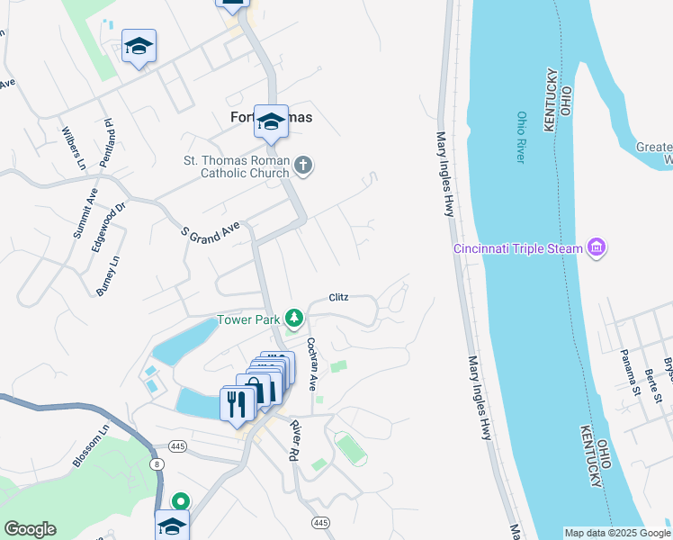 map of restaurants, bars, coffee shops, grocery stores, and more near 59 Altamont Court in Fort Thomas