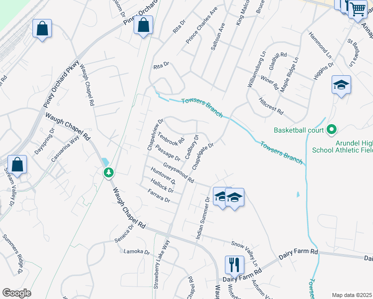 map of restaurants, bars, coffee shops, grocery stores, and more near 644 Cadbury Drive in Odenton