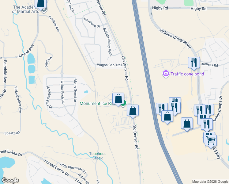 map of restaurants, bars, coffee shops, grocery stores, and more near 1891 Peak Prairie Lane in Monument