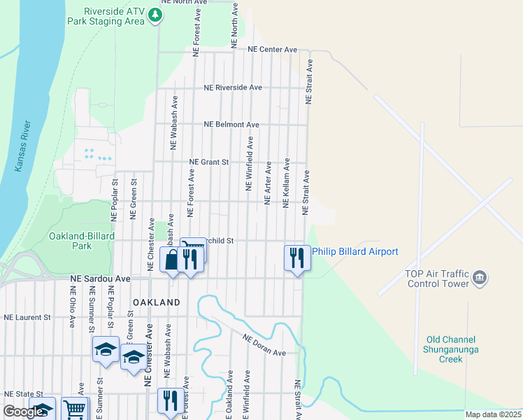 map of restaurants, bars, coffee shops, grocery stores, and more near 923 Northeast Arter Avenue in Topeka