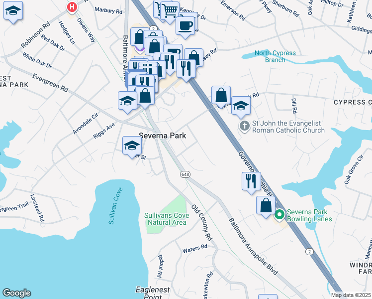 map of restaurants, bars, coffee shops, grocery stores, and more near 70 Brandywine Avenue in Severna Park