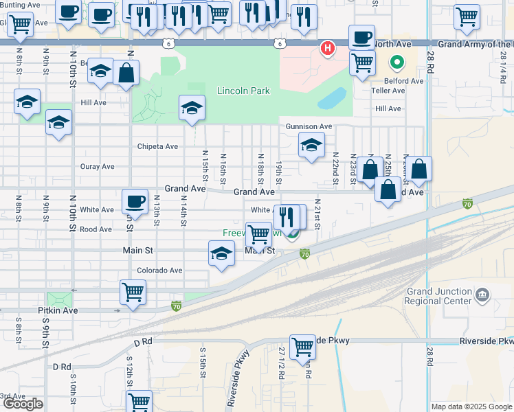 map of restaurants, bars, coffee shops, grocery stores, and more near 1718 White Avenue in Grand Junction
