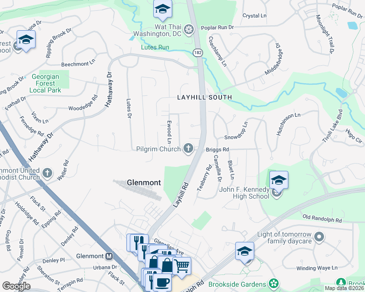 map of restaurants, bars, coffee shops, grocery stores, and more near 2201 Briggs Road in Silver Spring