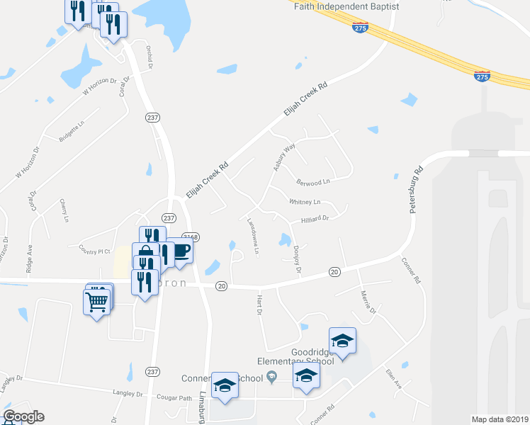 map of restaurants, bars, coffee shops, grocery stores, and more near 2866 Donjoy Drive in Hebron