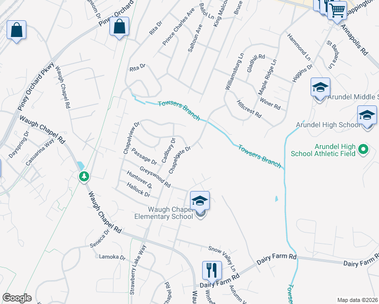 map of restaurants, bars, coffee shops, grocery stores, and more near 623 Chapelgate Drive in Odenton