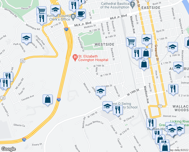 map of restaurants, bars, coffee shops, grocery stores, and more near 1704 Euclid Avenue in Covington