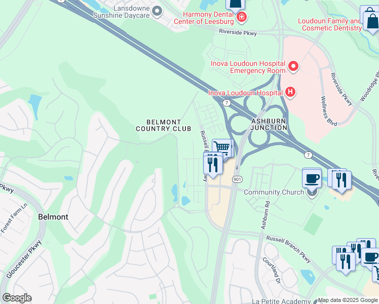 map of restaurants, bars, coffee shops, grocery stores, and more near 19775 Belmont Executive Plaza in Ashburn
