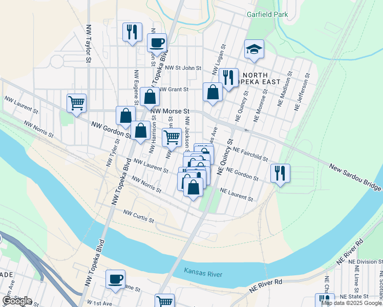 map of restaurants, bars, coffee shops, grocery stores, and more near 123 Northwest Gordon Street in Topeka