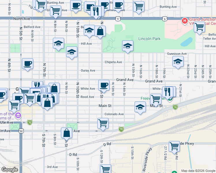 map of restaurants, bars, coffee shops, grocery stores, and more near 1203 White Avenue in Grand Junction