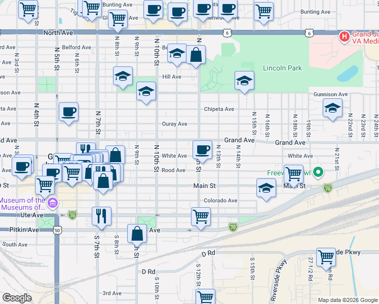 map of restaurants, bars, coffee shops, grocery stores, and more near 1133 White Avenue in Grand Junction