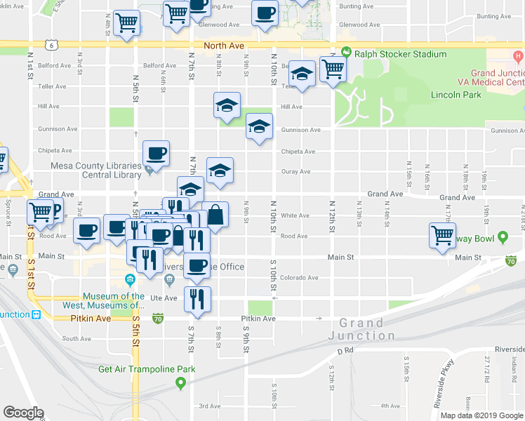 map of restaurants, bars, coffee shops, grocery stores, and more near 947 White Avenue in Grand Junction