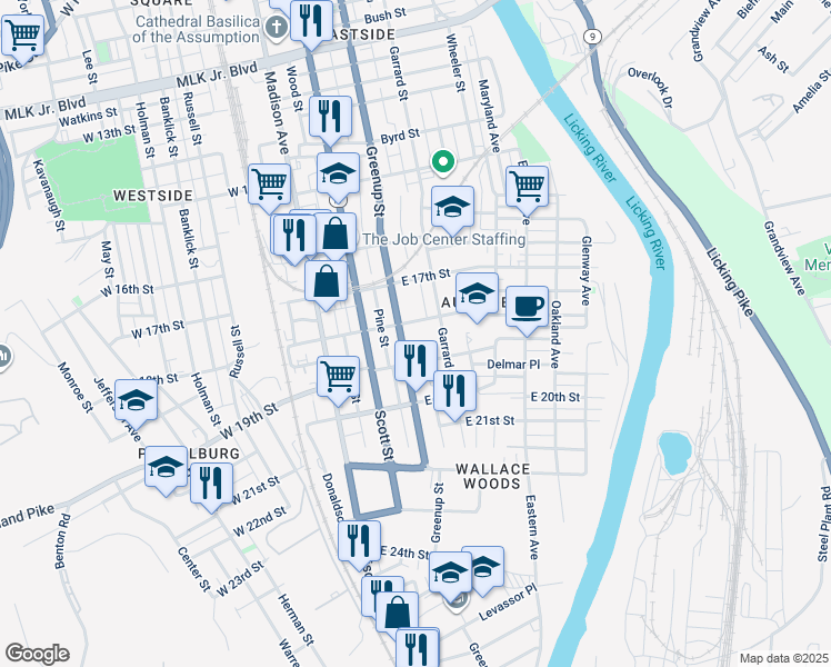 map of restaurants, bars, coffee shops, grocery stores, and more near 218 East 19th Street in Covington
