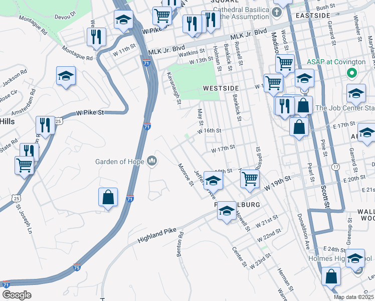 map of restaurants, bars, coffee shops, grocery stores, and more near 1627 Jefferson Avenue in Covington