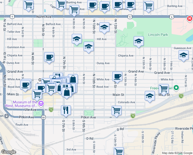 map of restaurants, bars, coffee shops, grocery stores, and more near 1035 White Avenue in Grand Junction