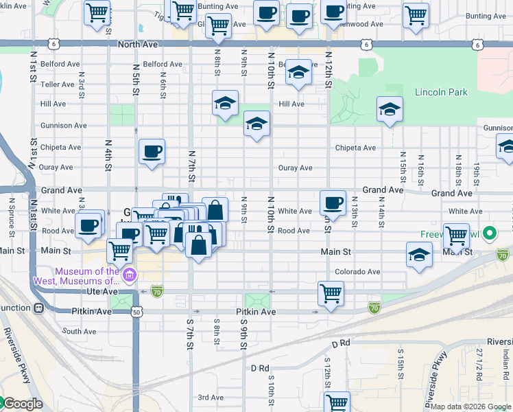 map of restaurants, bars, coffee shops, grocery stores, and more near 928 White Avenue in Grand Junction