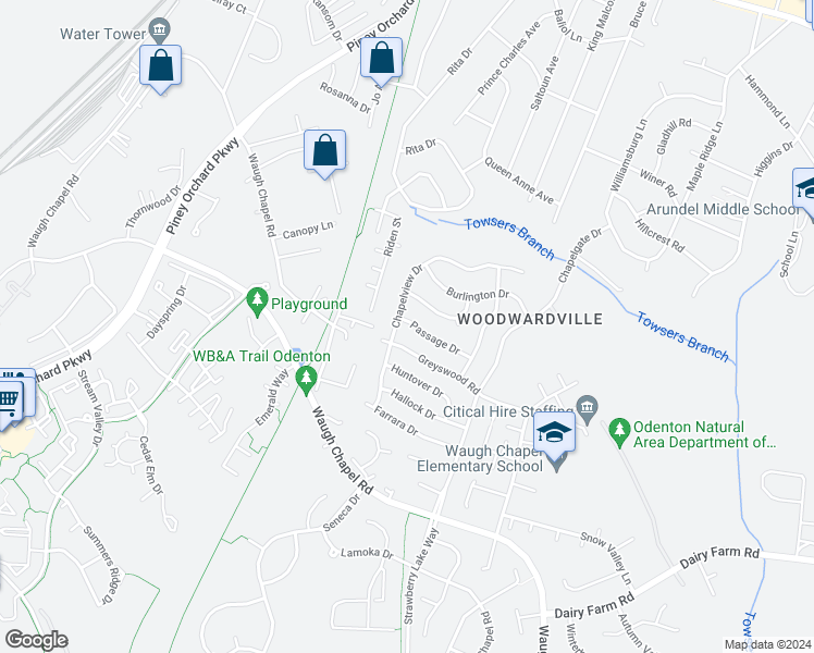 map of restaurants, bars, coffee shops, grocery stores, and more near 1338 Passage Drive in Odenton