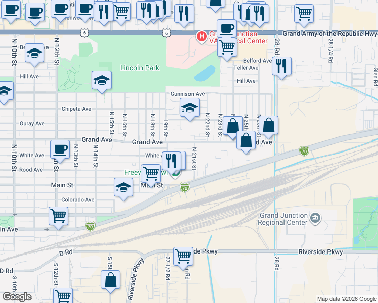 map of restaurants, bars, coffee shops, grocery stores, and more near 2034 White Avenue in Grand Junction