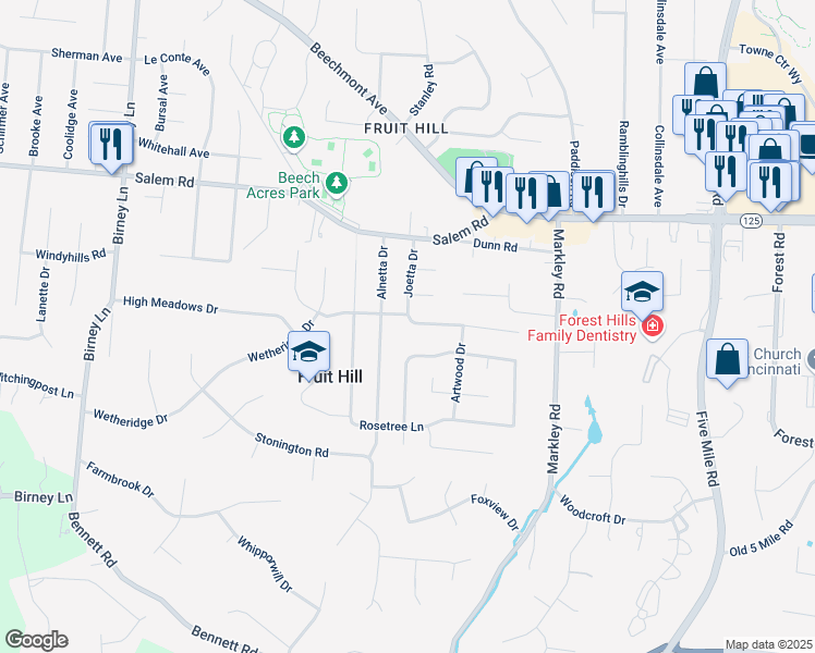 map of restaurants, bars, coffee shops, grocery stores, and more near 989 Anderson Hills Drive in Cincinnati