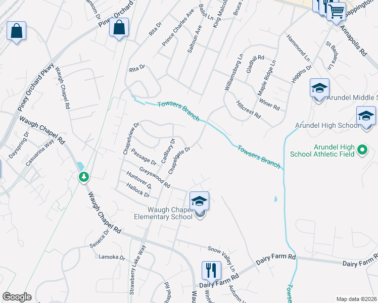 map of restaurants, bars, coffee shops, grocery stores, and more near 623 Chapelgate Drive in Odenton