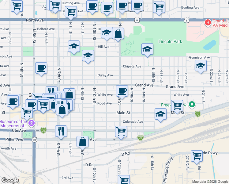 map of restaurants, bars, coffee shops, grocery stores, and more near 1133 White Avenue in Grand Junction
