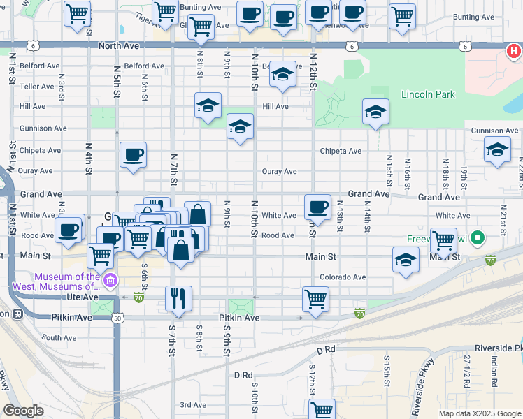 map of restaurants, bars, coffee shops, grocery stores, and more near 1035 White Avenue in Grand Junction
