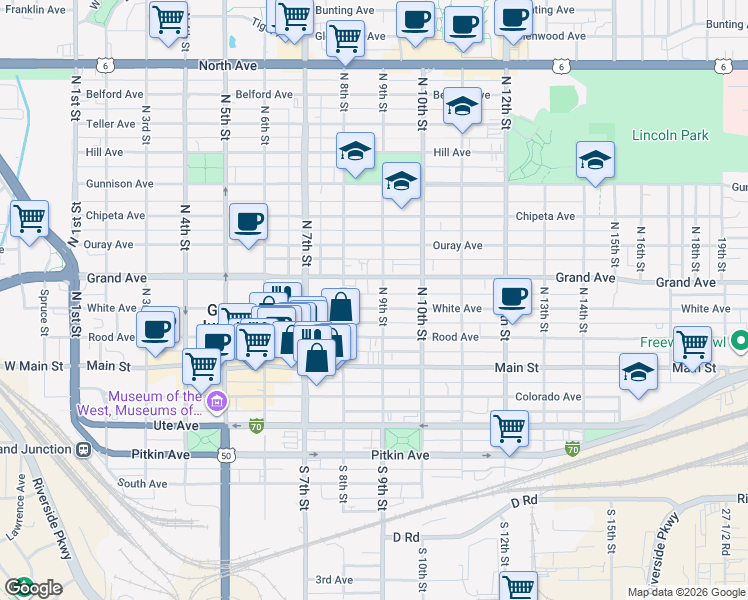 map of restaurants, bars, coffee shops, grocery stores, and more near in Grand Junction