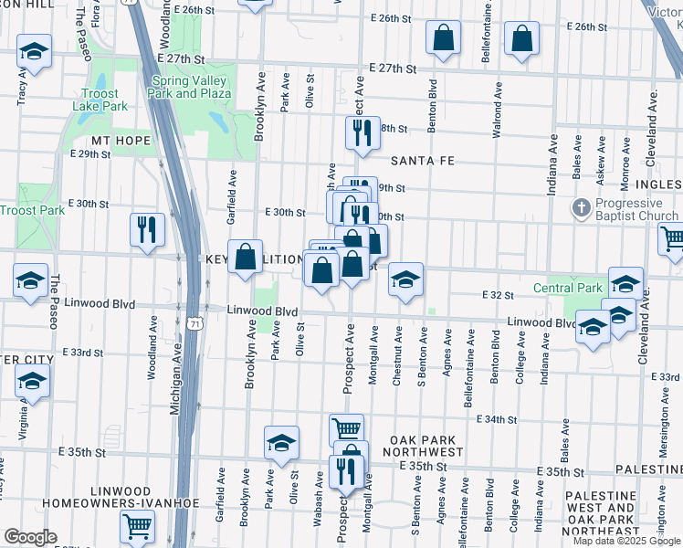 map of restaurants, bars, coffee shops, grocery stores, and more near 3110 Prospect Avenue in Kansas City