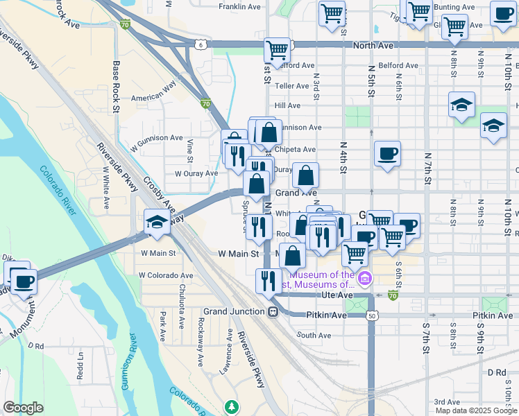 map of restaurants, bars, coffee shops, grocery stores, and more near 333 North 1st Street in Grand Junction