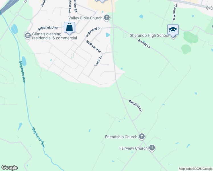 map of restaurants, bars, coffee shops, grocery stores, and more near 105 Branch Court in Stephens City