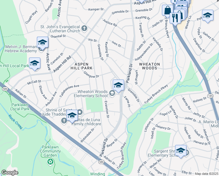 map of restaurants, bars, coffee shops, grocery stores, and more near 13006 Freeland Road in Rockville