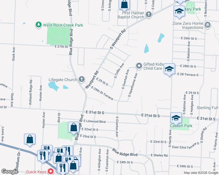 map of restaurants, bars, coffee shops, grocery stores, and more near 9610 East 29th Street Terrace in Independence