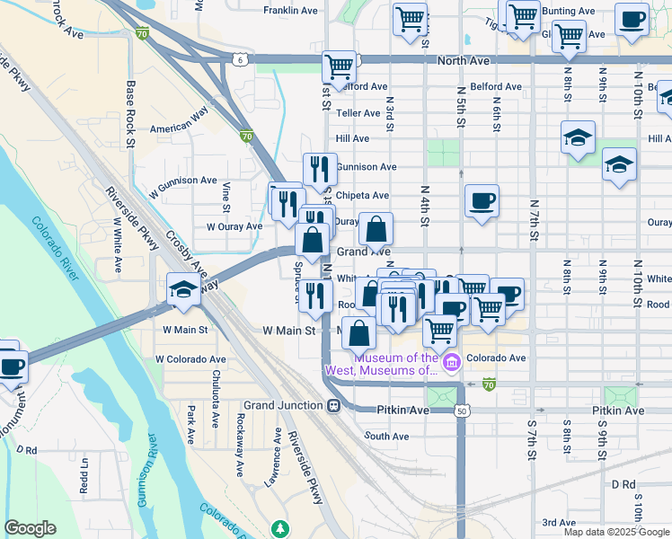 map of restaurants, bars, coffee shops, grocery stores, and more near 15 White Avenue in Grand Junction