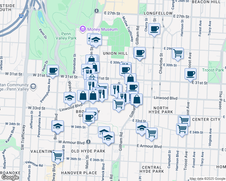 map of restaurants, bars, coffee shops, grocery stores, and more near 43 East 32nd Street in Kansas City