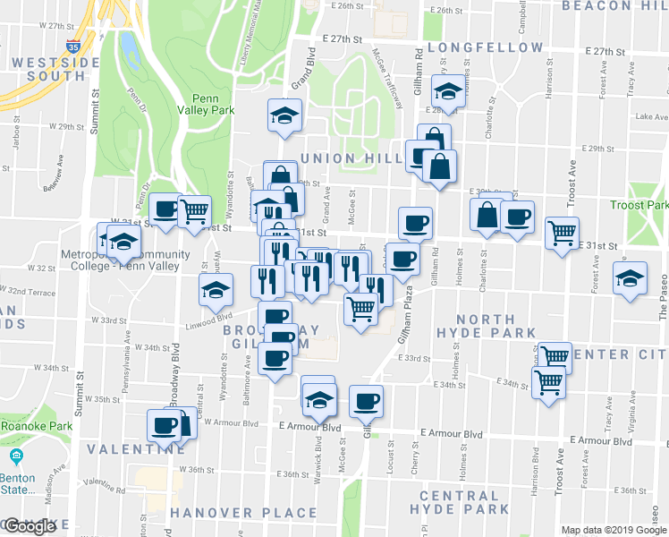 map of restaurants, bars, coffee shops, grocery stores, and more near 43 East 32nd Street in Kansas City