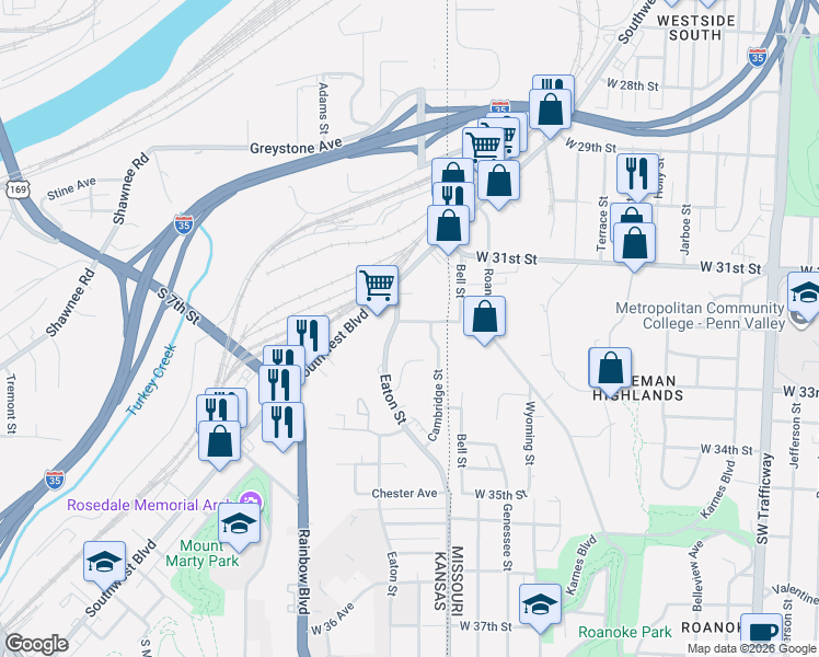 map of restaurants, bars, coffee shops, grocery stores, and more near 2813 Eaton Street in Kansas City
