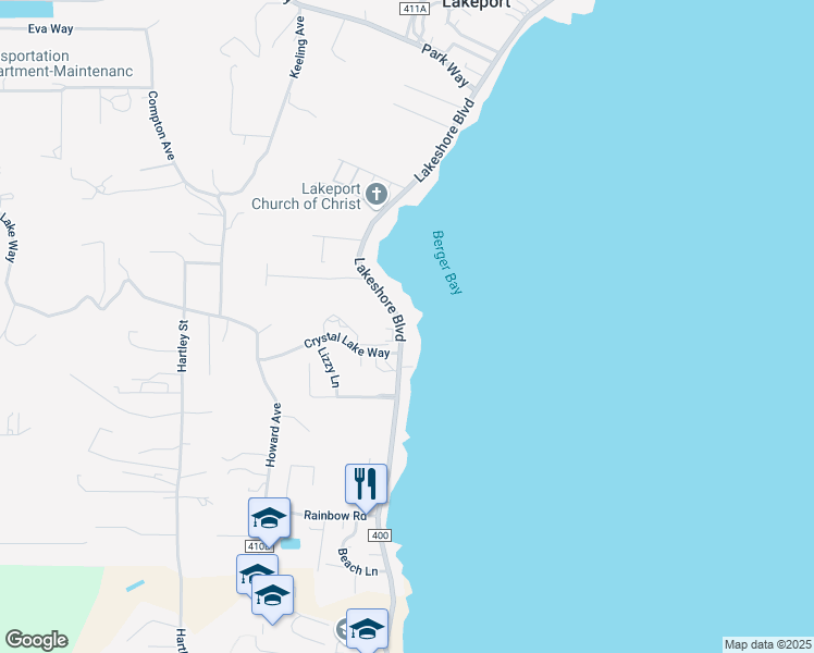 map of restaurants, bars, coffee shops, grocery stores, and more near 2832 Lakeshore Boulevard in Lakeport