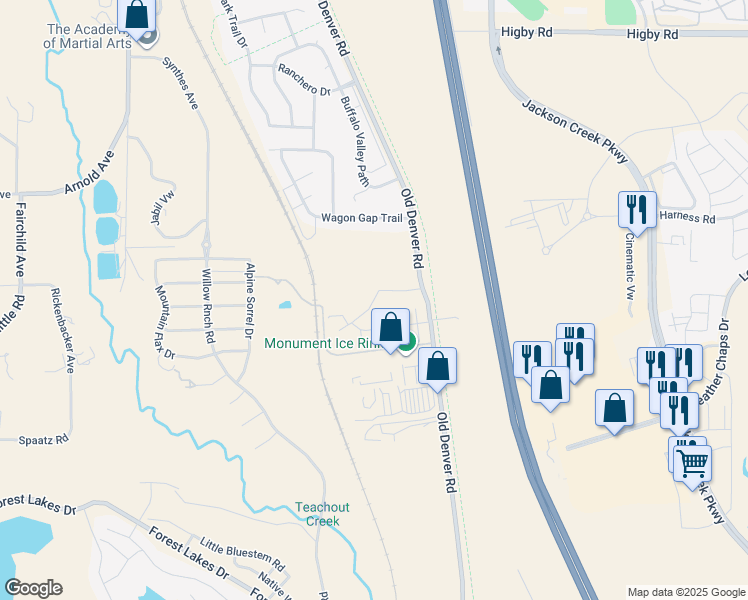 map of restaurants, bars, coffee shops, grocery stores, and more near 16340 Old Denver Road in Monument