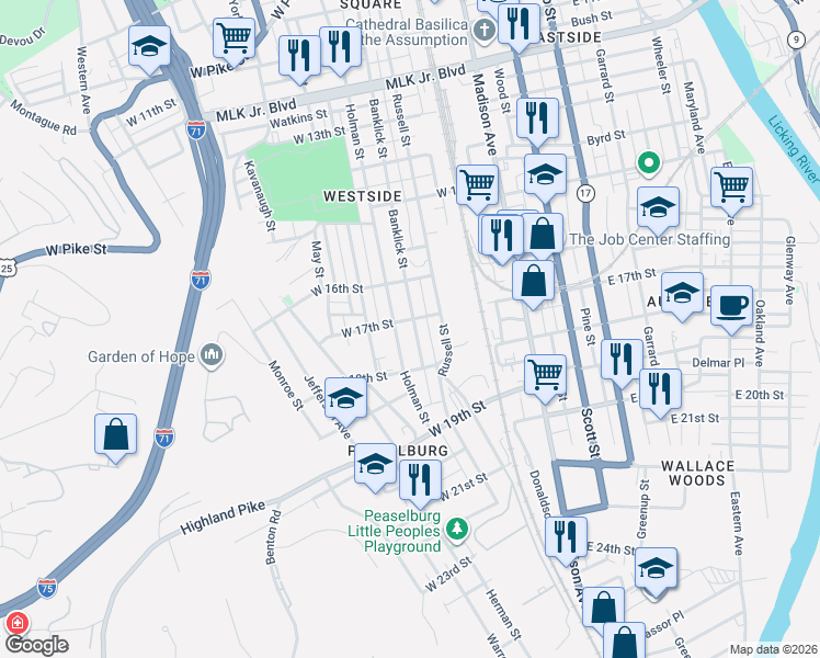 map of restaurants, bars, coffee shops, grocery stores, and more near 1722 Holman Street in Covington