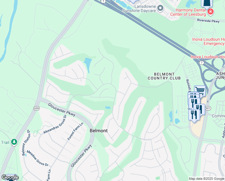 map of restaurants, bars, coffee shops, grocery stores, and more near 19750 Spyglass Hill Court in Ashburn