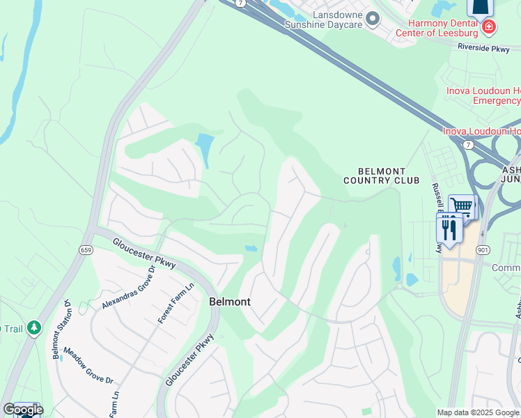 map of restaurants, bars, coffee shops, grocery stores, and more near 19750 Spyglass Hill Court in Ashburn