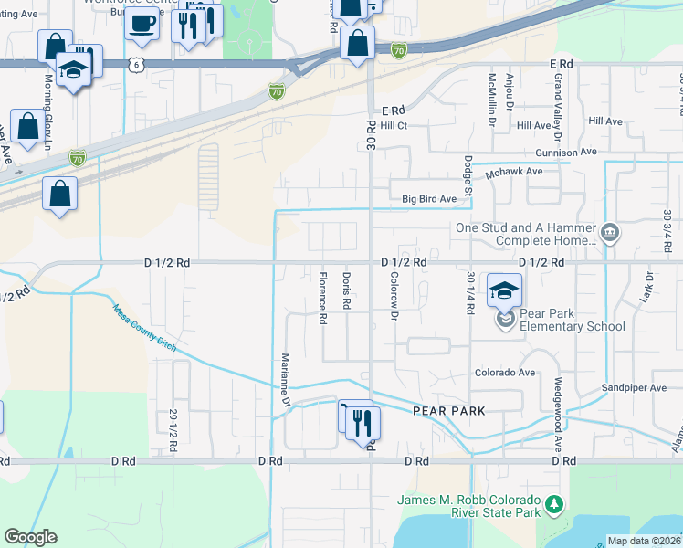 map of restaurants, bars, coffee shops, grocery stores, and more near 443 Doris Road in Grand Junction