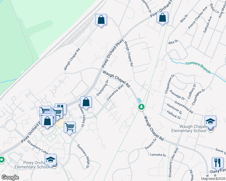 map of restaurants, bars, coffee shops, grocery stores, and more near 2470 Warm Spring Way in Odenton