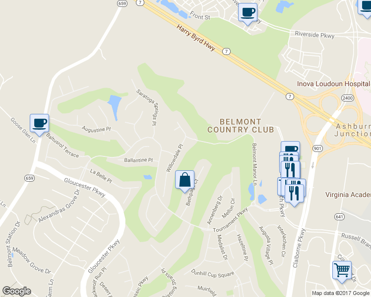 map of restaurants, bars, coffee shops, grocery stores, and more near 19742 Willowdale Place in Ashburn