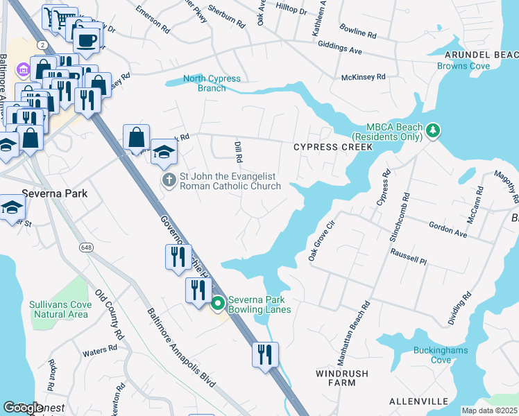 map of restaurants, bars, coffee shops, grocery stores, and more near 690 Dill Court in Severna Park