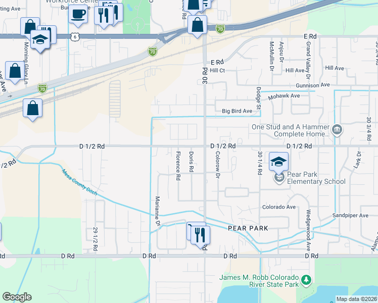 map of restaurants, bars, coffee shops, grocery stores, and more near 443 Doris Road in Grand Junction