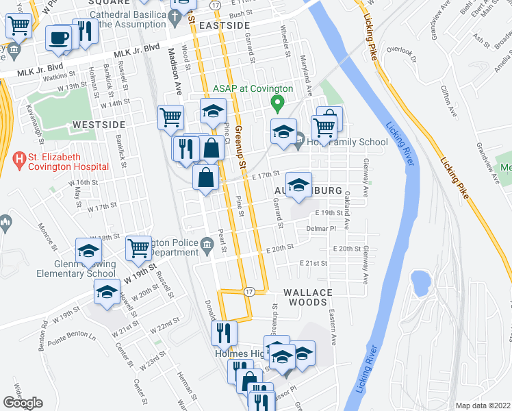 map of restaurants, bars, coffee shops, grocery stores, and more near 218 East 19th Street in Covington