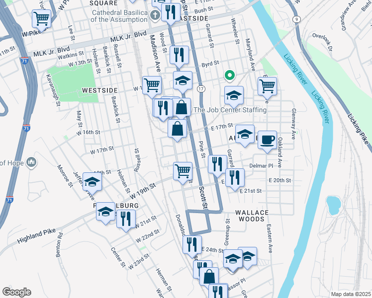 map of restaurants, bars, coffee shops, grocery stores, and more near 1814 Pearl Street in Covington