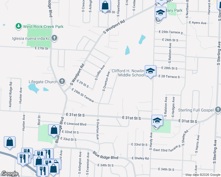 map of restaurants, bars, coffee shops, grocery stores, and more near 2918 South Hawthorne Avenue in Independence