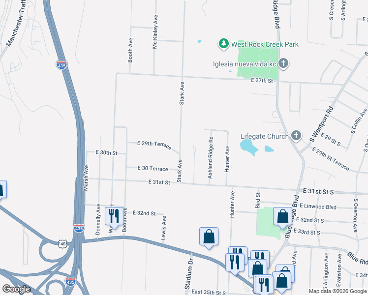map of restaurants, bars, coffee shops, grocery stores, and more near 3001 Stark Avenue in Kansas City