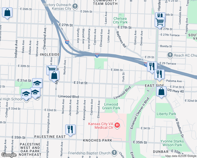 map of restaurants, bars, coffee shops, grocery stores, and more near 4601 East 31st Street in Kansas City